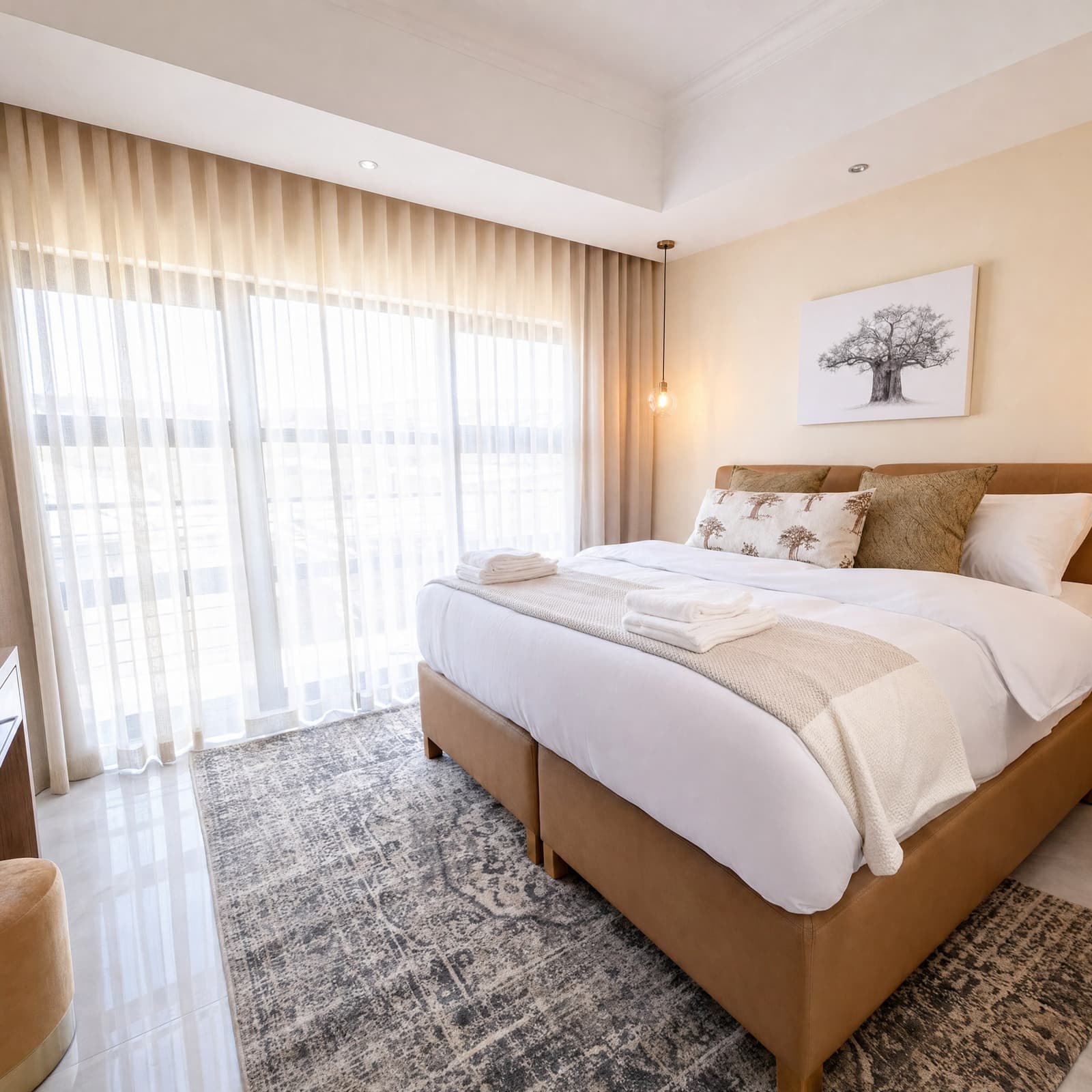A Khibika bedroom in morning light, king bed facing floor-to-ceiling windows